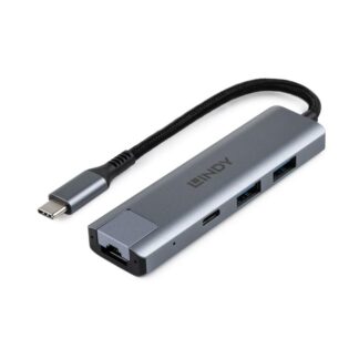 Hub Lindy USB3.2 Gigabit Ethernet, gray