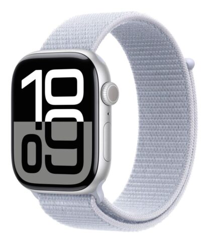 Apple Watch Series 10 GPS + Cellular 46mm Silver Aluminium Case with Blue Cloud Sport Loop - Image 4