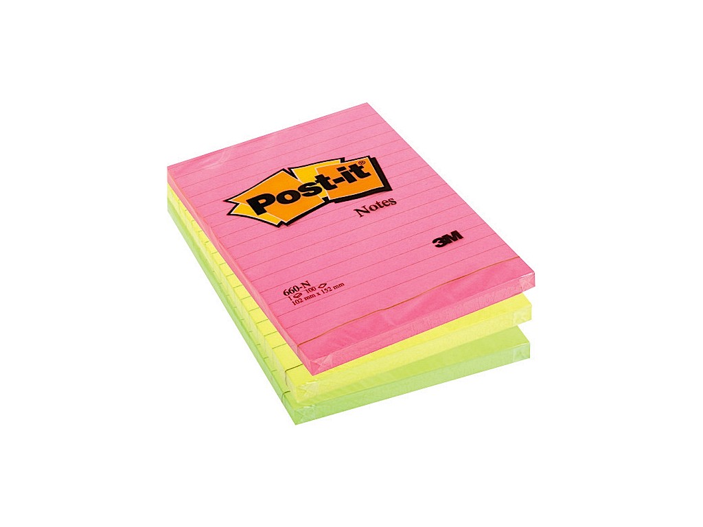 Sticky notes Post-it neon 102x152mm, 100 sheets, ruled 3M - EU Supplies