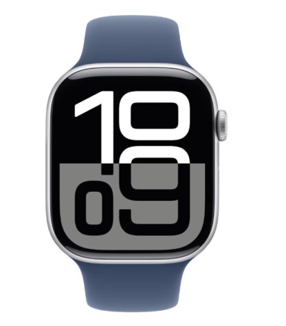 Apple Watch Series 10 GPS + Cellular 46mm Silver Aluminium Case with Denim Sport Band - S/M