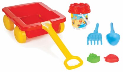 Sand toy set with trolley, bucket, moulds, shovels, rake