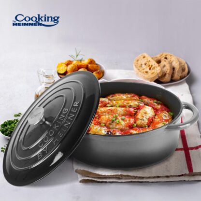 OVAL ENAMELED CAST IRON SEMI-POCKET + LID 37x29x15 CM, 9L MARBLE GREY, COOKING BY HEINNER - Image 5