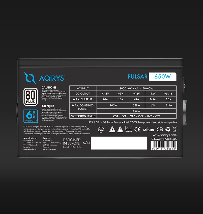 PSU Aqirys Pulsar 650W 80+ White certified - Image 4