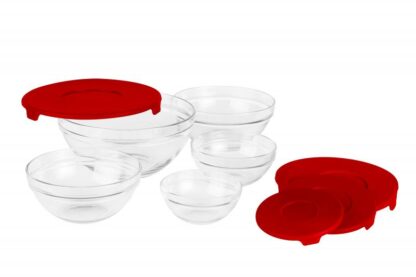 Set of 5 glass bowls with lids, Red