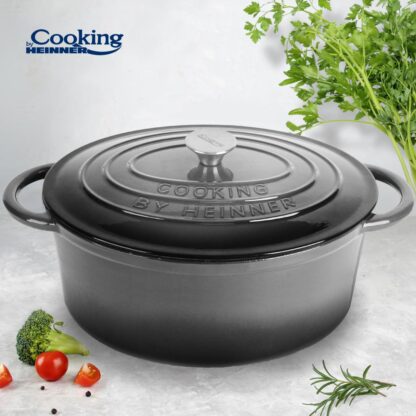 ENAMELED OVAL CAST IRON POT + LID 33x26.5x11.5CM, 6L MARBLE GRAY, COOKING BY HEINNER - Image 4