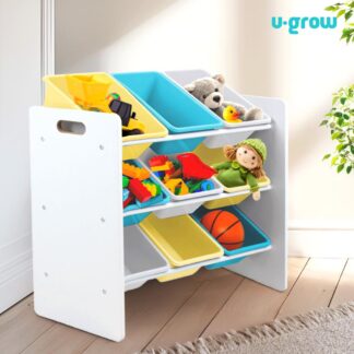 Shelf with 9 blue/yellow baskets, U-Grow