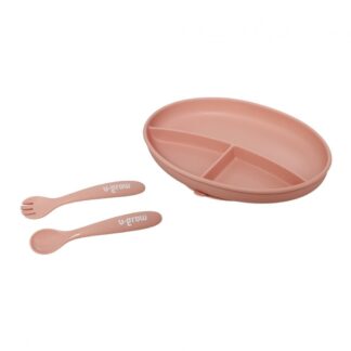 Silicone plate and spoon set, pink