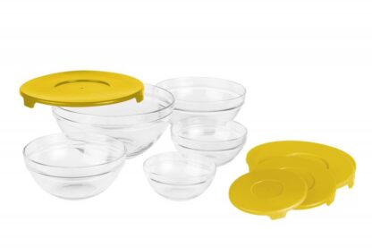 Set of 5 glass bowls with lids, yellow
