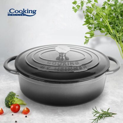 OVAL ENAMELED CAST IRON SEMI-POCKET + LID 37x29x15 CM, 9L MARBLE GREY, COOKING BY HEINNER - Image 4