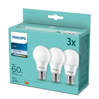 Pack of 3 Philips LED bulbs, A60, E27